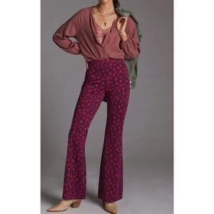 Anthropologie Knit Flare Pant Plum Pink Animal Pull On Large Cheetah